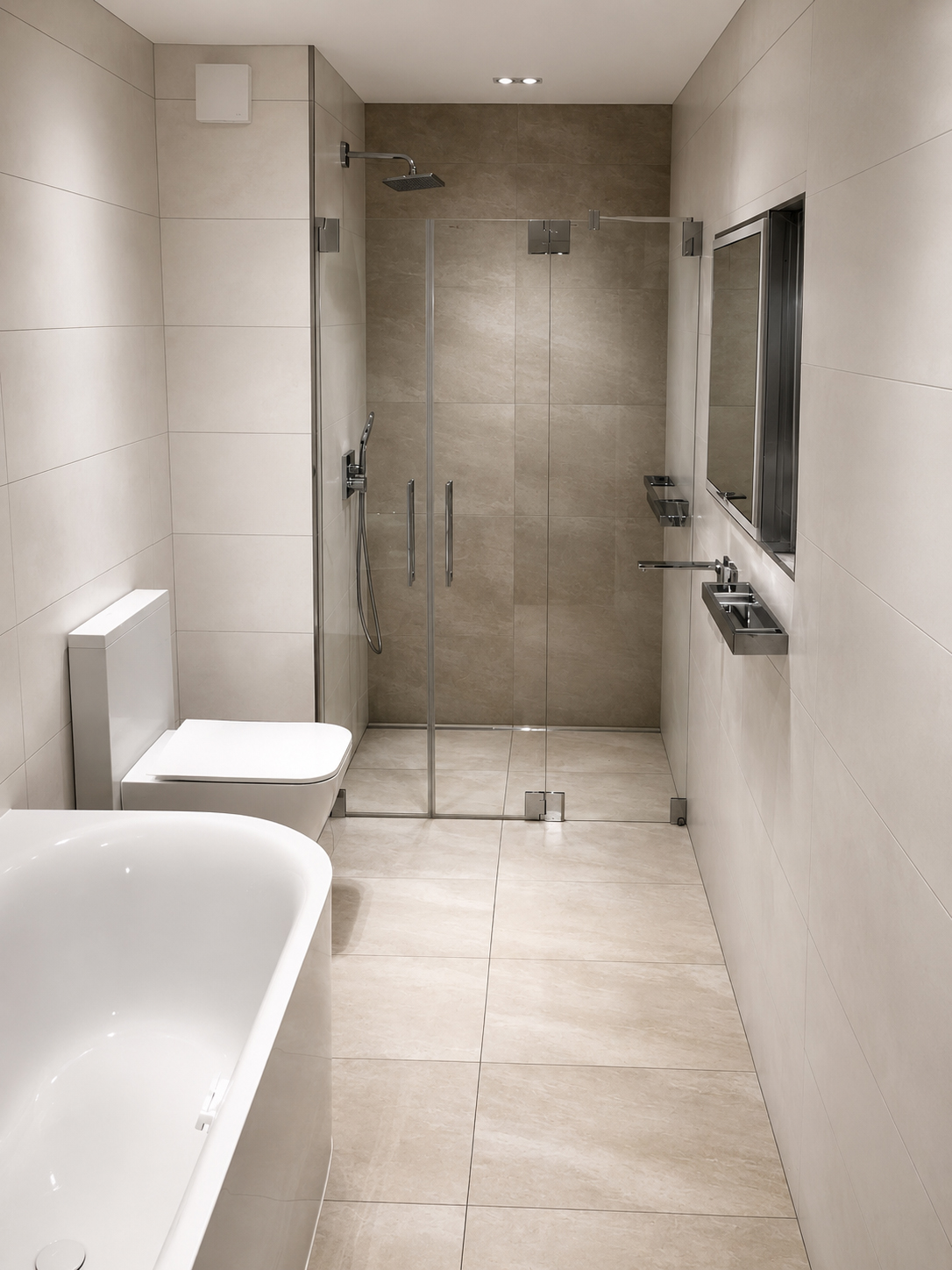 Badezimmer mit großformatigen Fliesen und Dusche